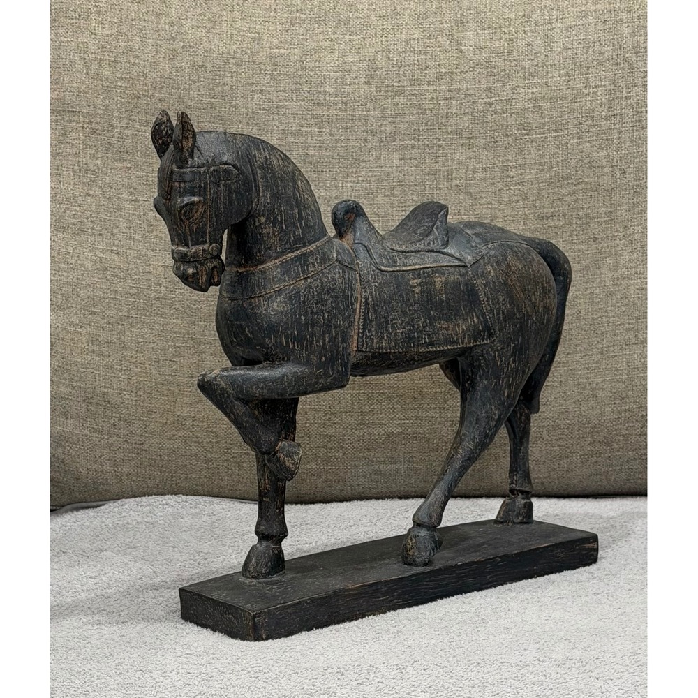 Hand Carved Wooden Horse Statue Rustic Distressed Antique Style Figurine Decor